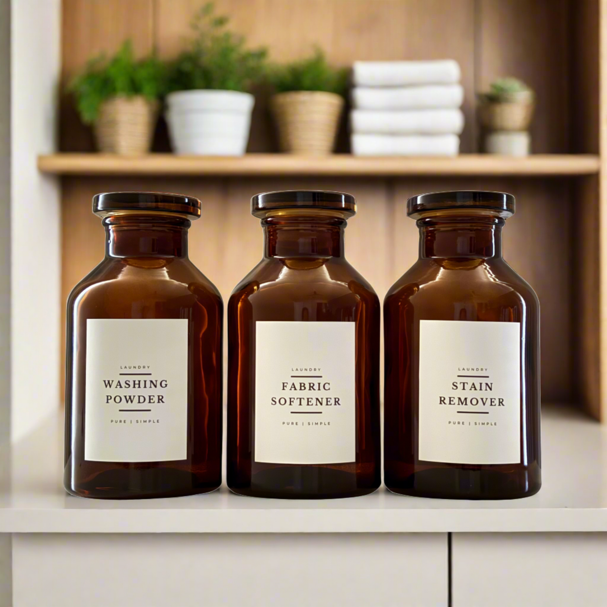 A trio of natural, super effective&nbsp; essentials for your Laundry. Packaged in stunning amber glass apothecary jars. It has Washing Powder, Fabric Softener and Stain Remover