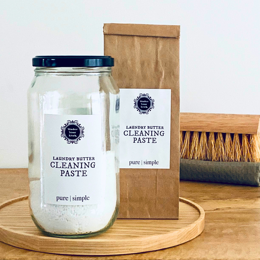 Handmade Cleaning Paste Mix for sale in stylish clear white jar and eco paper bag for natural zero waste cleaning. This is to make a cleaning paste like gumption