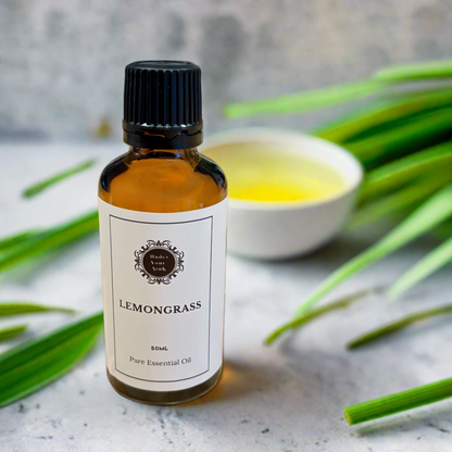 small 50ml amber glass essential oil bottle with white label with under your sink logo and description LEMONGRASS pure essential oil